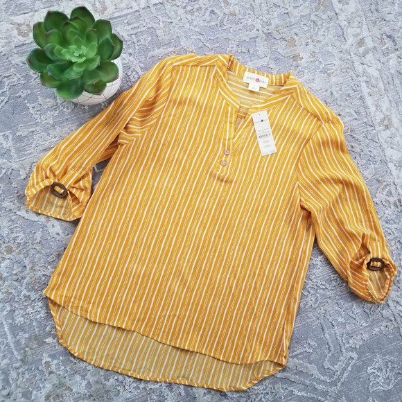 Wishful Park Brand Top Blouse Mustard Yellow White Stripes Size Large - Picture 7 of 12